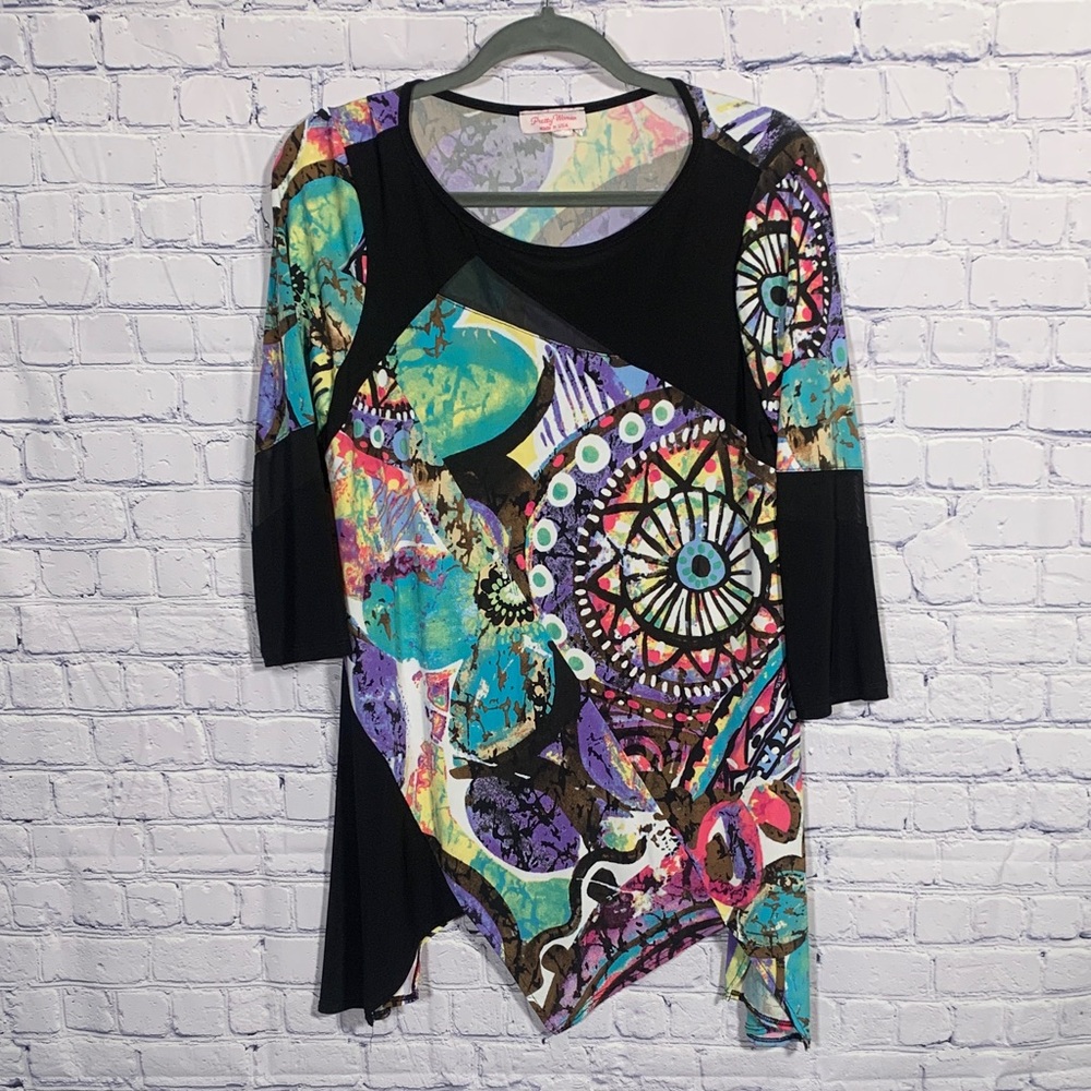 Pretty Woman Womens 3/4 Sleeve Scoop Neck Top Asymmetrical Artsy Lagenlook Sz XL